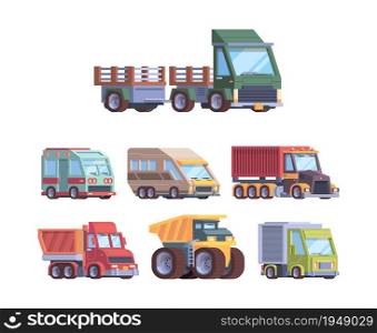 Trucks collection. Heavy industry and cargo service vehicles postal delivery trailer transport for builders vector illustrations. Cargo heavy lorry, industry vehicle and truck collection. Trucks collection. Heavy industry and cargo service vehicles postal delivery trailer transport for builders vector illustrations