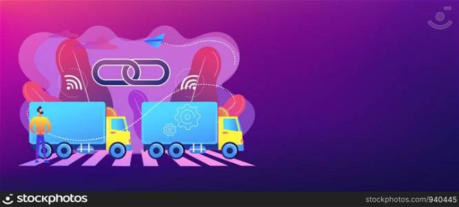 Trucks connected into platoon with connectivity technologies. Truck platooning, autonomous driving trucks, modern logistics technology concept. Header or footer banner template with copy space.. Truck platooning concept banner header.