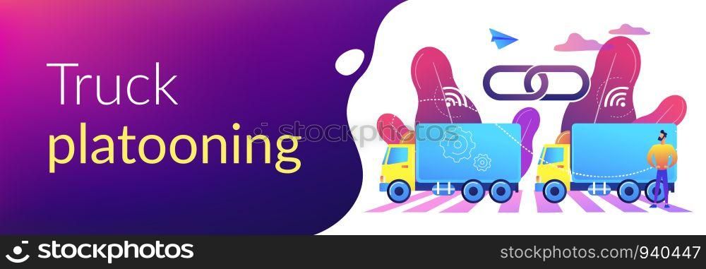 Trucks connected into platoon with connectivity technologies. Truck platooning, autonomous driving trucks, modern logistics technology concept. Header or footer banner template with copy space.. Truck platooning concept banner header.