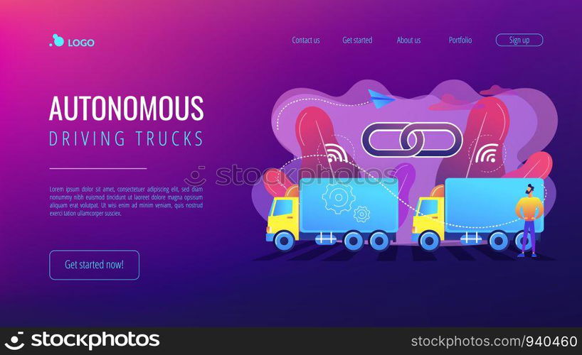 Trucks connected into platoon with connectivity technologies. Truck platooning, autonomous driving trucks, modern logistics technology concept. Website vibrant violet landing web page template.. Truck platooning concept landing page.