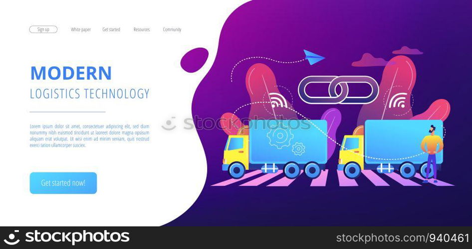 Trucks connected into platoon with connectivity technologies. Truck platooning, autonomous driving trucks, modern logistics technology concept. Website vibrant violet landing web page template.. Truck platooning concept landing page.