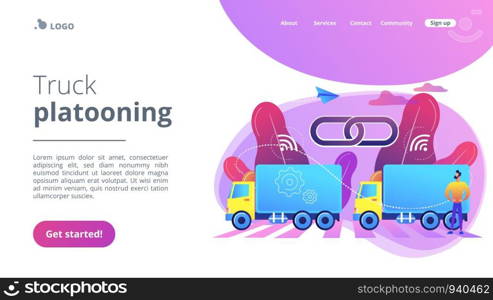 Trucks connected into platoon with connectivity technologies. Truck platooning, autonomous driving trucks, modern logistics technology concept. Website vibrant violet landing web page template.. Truck platooning concept landing page.