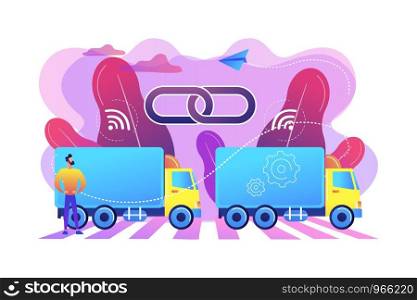 Trucks connected into platoon with connectivity technologies. Truck platooning, autonomous driving trucks, modern logistics technology concept. Bright vibrant violet vector isolated illustration. Truck platooning concept vector illustration.