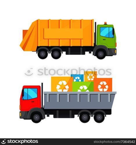 Trucks transporting waste set of lorries loaded container having recycling sign, transport collection vector illustration isolated on white background. Trucks Transporting Waste Set Vector Illustration