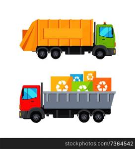 Trucks transporting waste set of lorries loaded container having recycling sign, transport collection vector illustration isolated on white background. Trucks Transporting Waste Set Vector Illustration