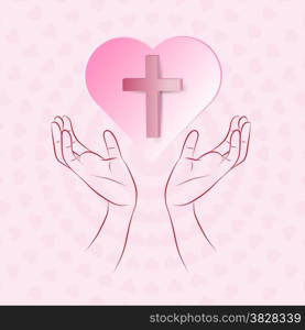 True cross in pink heart floating over human hand on pink background as concept faith, love and protect