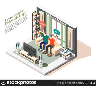 True male friends watching sport game on tv holding german flags isometric composition 3d vector illustration