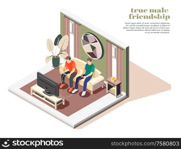 True male friendship isometric composition with men sitting on sofa and playing game 3d vector illustration