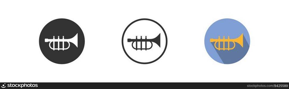 Trumpet icon with long shadow on light background. Wind instrument. Musical equipment concept. Music, sound, melody symbol. Orchestra sign. Flat design. Vector illustration. Trumpet icon with long shadow on light background. Wind instrument. Musical equipment concept. Music, sound, melody symbol. Orchestra sign. Flat design. Vector illustration.