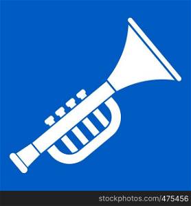 Trumpet toy icon white isolated on blue background vector illustration. Trumpet toy icon white