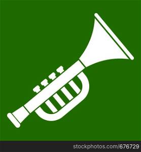 Trumpet toy icon white isolated on green background. Vector illustration. Trumpet toy icon green