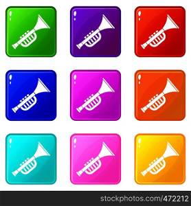 Trumpet toy icons of 9 color set isolated vector illustration. Trumpet toy icons 9 set