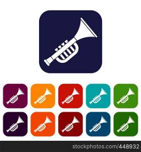 Trumpet toy icons set vector illustration in flat style In colors red, blue, green and other. Trumpet toy icons set flat