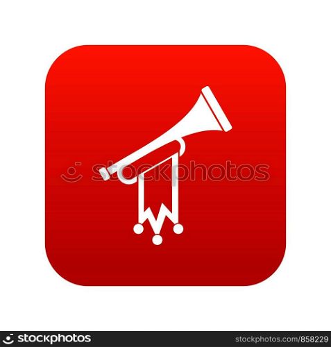 Trumpet with flag icon digital red for any design isolated on white vector illustration. Trumpet with flag icon digital red