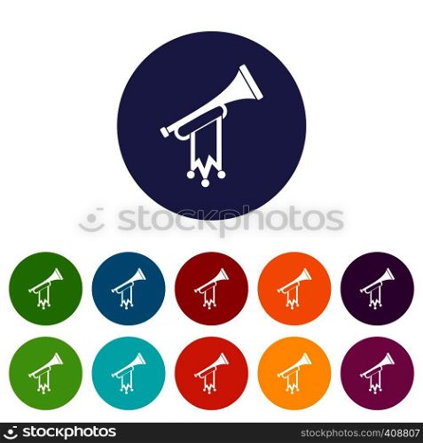 Trumpet with flag set icons in different colors isolated on white background. Trumpet with flag set icons