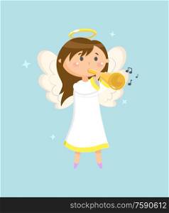 Trumpeter on holiday vector, child girl angel with wings and halo holding trumpet and playing musical instrument. Character waking melodies and songs. Angel with Trumpet, Angelic Girl with Wings Halo