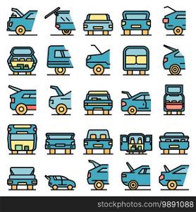 Trunk car icons set. Outline set of trunk car vector icons thin line color flat on white. Trunk car icons set vector flat