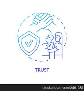 Trust blue gradient concept icon. Healthy relationships essential abstract idea thin line illustration. Avoiding judgments. Show empathy. Isolated outline drawing. Myriad Pro-Bold font used. Trust blue gradient concept icon