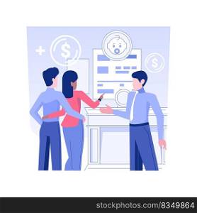 Trust fund isolated concept vector illustration. Wealthy family talking to trust fund worker, money investment idea, kids protection, creating saving account for child vector concept.. Trust fund isolated concept vector illustration.