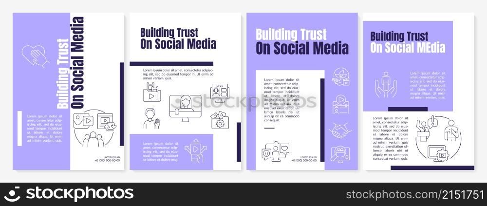 Trust on social media purple brochure template. Company online. Booklet print design with linear icons. Vector layouts for presentation, annual reports, ads. Anton-Regular, Lato-Regular fonts used. Trust on social media purple brochure template