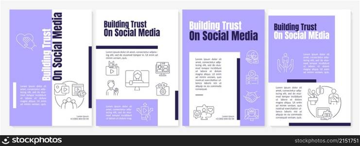 Trust on social media purple brochure template. Company online. Booklet print design with linear icons. Vector layouts for presentation, annual reports, ads. Anton-Regular, Lato-Regular fonts used. Trust on social media purple brochure template
