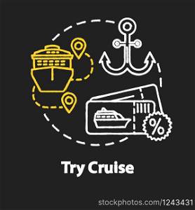 Try cruise chalk RGB color concept icon. Luxury tourism, expensive holiday vacation idea. Maritime travel on ocean liner. Vector isolated chalkboard illustration on black background