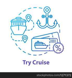 Try cruise concept icon. Luxury tourism, expensive holiday vacation idea thin line illustration. Maritime travel, recreation on ocean liner. Vector isolated outline RGB color drawing