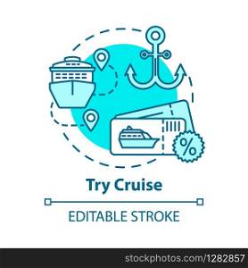 Try cruise concept icon. Luxury tourism, expensive holiday vacation idea thin line illustration. Maritime travel on ocean liner. Vector isolated outline RGB color drawing. Editable stroke