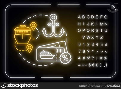 Try cruise neon light concept icon. Luxury tourism, expensive holiday vacation, maritime travel idea. Outer glowing sign with alphabet, numbers and symbols. Vector isolated RGB color illustration