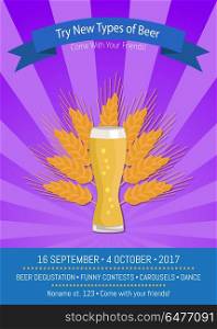 Try New Types of Beer Vector Illustration Purple. Try new types of beer Come with your friends to oktoberfest, promo poster of weizen and ear of yellow wheat vector illustration on purple