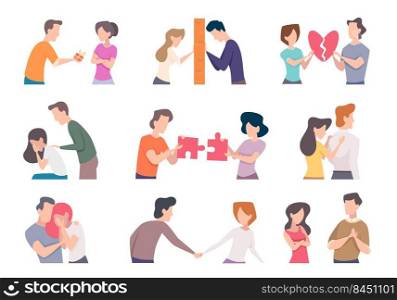 Try save love. Destructive relationship persons male and female romantic couple talking and meeting exact vector colored illustrations. Love girlfriend and boyfriend unhappy. Try save love. Destructive relationship persons male and female romantic couple talking and meeting exact vector colored illustrations