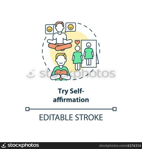 Try self-affirmation concept icon. Positive thinking for wellbeing abstract idea thin line illustration. Isolated outline drawing. Editable stroke. Roboto-Medium, Myriad Pro-Bold fonts used. Try self-affirmation concept icon