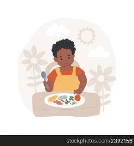 Trying new foods isolated cartoon vector illustration Baby discover new taste, infant trying food, explore fruit and vegetable, eating habit development, daycare center vector cartoon.. Trying new foods isolated cartoon vector illustration