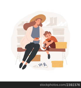 Trying on shoes isolated cartoon vector illustration Kid sitting in a store, putting on a sneaker, many shoe boxes, toddler trying on footwear, baby fashion, shopping mall vector cartoon.. Trying on shoes isolated cartoon vector illustration