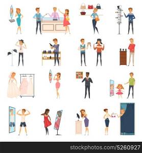 Trying Shop Flat People Icon Set. Colored and isolated trying shop flat people icon set with trying on clothes in store vector illustration