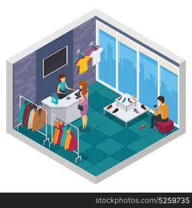 Trying Shop Isometric Composition. Colored trying shop isometric composition with window wall and store room with buyer vector illustration