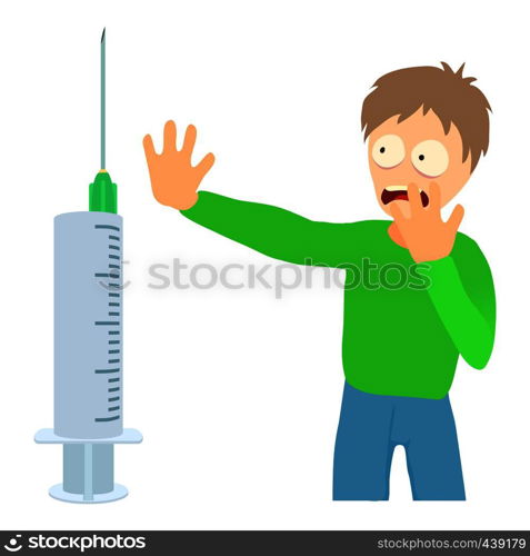 Trypanophobia concept. Cartoon illustration of a man suffering from the fear of injections. Trypanophobia concept, cartoon illustration
