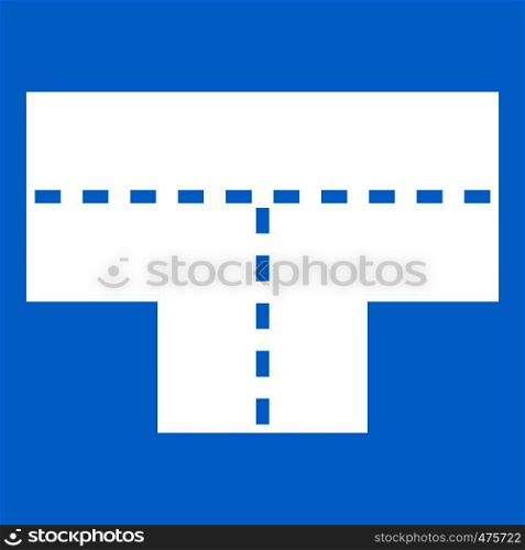 Tshaped crossroad icon white isolated on blue background vector illustration. Tshaped crossroad icon white