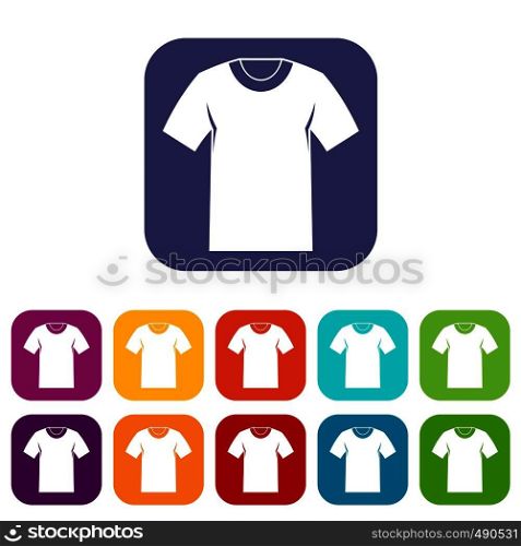 Tshirt icons set vector illustration in flat style in colors red, blue, green, and other. Tshirt icons set