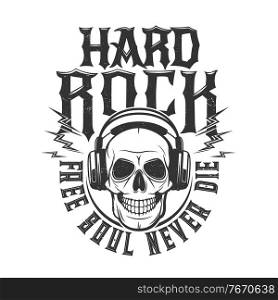 Tshirt print skull wear headset listen music, vector mascot for apparel design. T shirt print for hard rock club. Emblem with typography for rock concert, heavy metal band festival isolated label. Tshirt print skull in headset listen music mascot