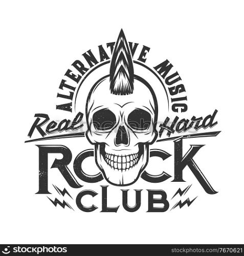 Tshirt print skull with punk hairstyle mascot for apparel vector design. T shirt print for hard rock club with typography alternative music. Emblem for rock concert and heavy metal band festival label. Tshirt print skull punk hairstyle vector mascot