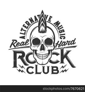 Tshirt print skull with punk hairstyle mascot for apparel vector design. T shirt print for hard rock club with typography alternative music. Emblem for rock concert and heavy metal band festival label. Tshirt print skull punk hairstyle vector mascot