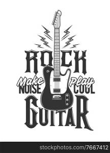 Tshirt print with electric guitar and flashes, vector emblem for music band apparel design. T shirt print with typography make noise play cool. Isolated monochrome label with amp, electrical discharge. Tshirt print with electric guitar and flashes