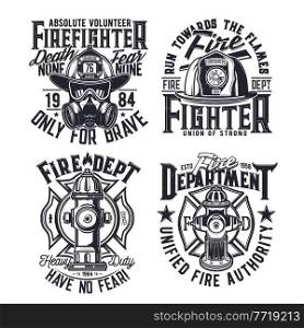 Tshirt print with firefighters equipment hydrant, gas mask, glasses and helmet vector emblems for apparel design. Fire department rescue team emergency service black and white t shirt print or labels. Tshirt print with firefighters vector equipment
