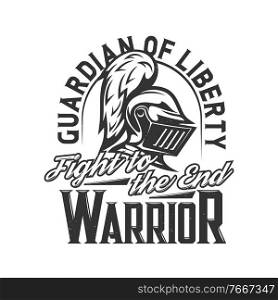 Tshirt print with knight head side view vector mascot. Apparel mockup with medieval solder, warrior helmet with plumage and shut visor. Typography guardian of liberty, t shirt print mock up, template. Tshirt print with knight head side view mascot