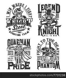 Tshirt print with knights hold sword vector mascots, medieval warriors in helmet. Monochrome labels for apparel design with warriors and typography, isolated t shirt prints for war club, sporting team. Tshirt prints with knight and sword vector mascots