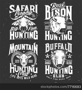 Tshirt print with mountain goat, buffalo and bison heads. Vector wild animals mascots for hunting and safari hunter club, black and white labels for apparel design, isolated emblems for hunt society. Tshirt print with mountain goat, buffalo and bison
