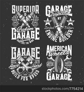 Tshirt prints vector car or motorcycle parts crossed engine valves, wheel and wrench for apparel design. Labels with typography, t shirt print, garage station or bikers club isolated monochrome emblem. Tshirt prints vector car or motorcycle part labels
