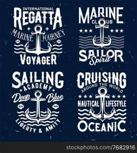Tshirt prints with anchors and sea waves, apparel vector design. Isolated armature labels with typography for marine club, regatta, sailing academy t shirt prints, emblem on blue grunge background set. Tshirt prints with anchors and sea waves design