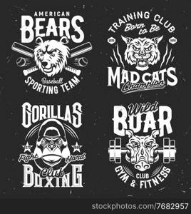 Tshirt prints with bear, boar, mad cat and gorilla vector mascots for sports team uniform apparel design. Isolated labels with wild animals and typography, t shirt prints or emblem for sport club set. Tshirt prints with wild animals sport club mascots